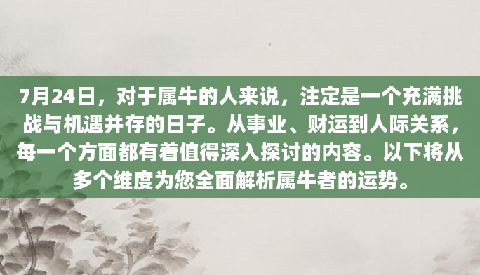 7月24日，对于属牛的人来说，注定是一个充满挑战与机遇并存的日子。从事业、财运到人际关系，每一个方面都有着值得深入探讨的内容。以下将从多个维度为您全面解析属牛者的运势。