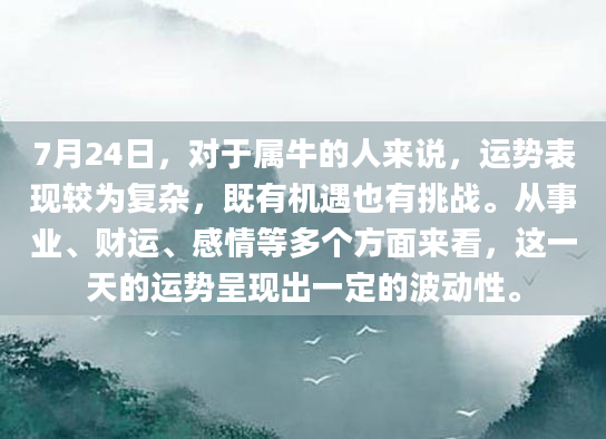 7月24日，对于属牛的人来说，运势表现较为复杂，既有机遇也有挑战。从事业、财运、感情等多个方面来看，这一天的运势呈现出一定的波动性。