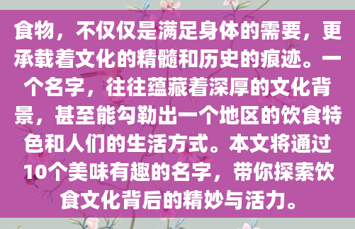 食物，不仅仅是满足身体的需要，更承载着文化的精髓和历史的痕迹。一个名字，往往蕴藏着深厚的文化背景，甚至能勾勒出一个地区的饮食特色和人们的生活方式。本文将通过10个美味有趣的名字，带你探索饮食文化背后的精妙与活力。