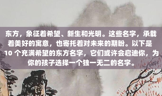 东方，象征着希望、新生和光明。这些名字，承载着美好的寓意，也寄托着对未来的期盼。以下是 10 个充满希望的东方名字，它们或许会启迪你，为你的孩子选择一个独一无二的名字。