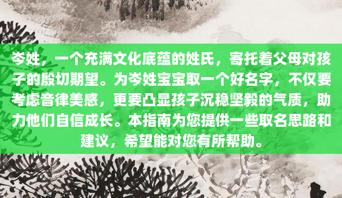 岑姓，一个充满文化底蕴的姓氏，寄托着父母对孩子的殷切期望。为岑姓宝宝取一个好名字，不仅要考虑音律美感，更要凸显孩子沉稳坚毅的气质，助力他们自信成长。本指南为您提供一些取名思路和建议，希望能对您有所帮助。