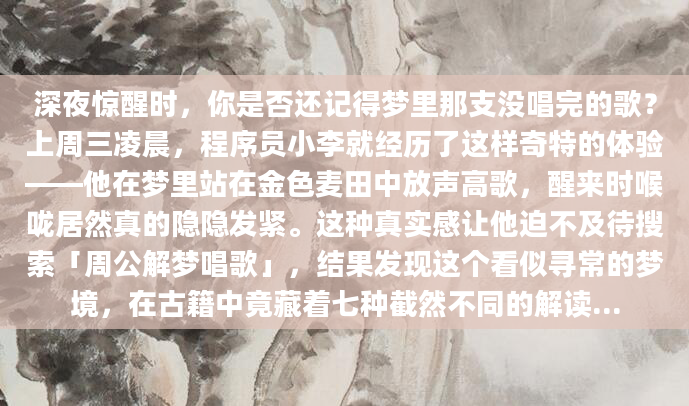 深夜惊醒时，你是否还记得梦里那支没唱完的歌？上周三凌晨，程序员小李就经历了这样奇特的体验——他在梦里站在金色麦田中放声高歌，醒来时喉咙居然真的隐隐发紧。这种真实感让他迫不及待搜索「周公解梦唱歌」，结果发现这个看似寻常的梦境，在古籍中竟藏着七种截然不同的解读...