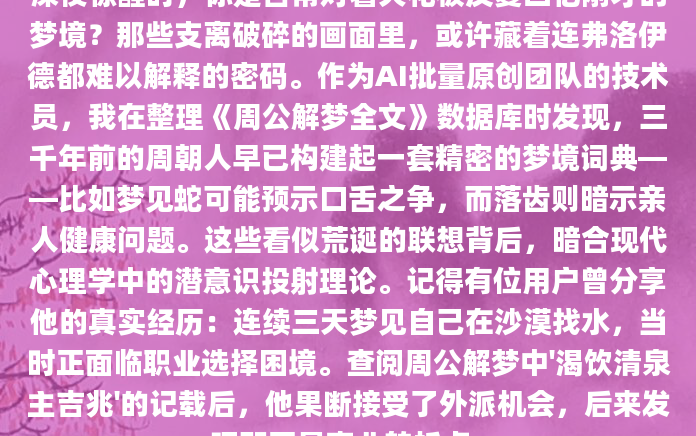 深夜惊醒时，你是否常对着天花板反复回忆刚才的梦境？那些支离破碎的画面里，或许藏着连弗洛伊德都难以解释的密码。作为AI批量原创团队的技术员，我在整理《周公解梦全文》数据库时发现，三千年前的周朝人早已构建起一套精密的梦境词典——比如梦见蛇可能预示口舌之争，而落齿则暗示亲人健康问题。这些看似荒诞的联想背后，暗合现代心理学中的潜意识投射理论。记得有位用户曾分享他的真实经历：连续三天梦见自己在沙漠找水，当时正面临职业选择困境。查阅周公解梦中'渴饮清泉主吉兆'的记载后，他果断接受了外派机会，后来发现那正是事业转折点。