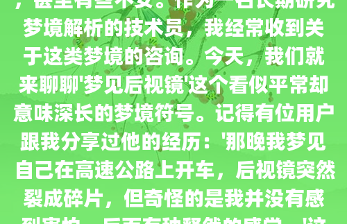 你有没有做过这样的梦？梦里你坐在驾驶座上，突然发现后视镜里的景象变得模糊不清，或者干脆碎了。这种梦境往往让人醒来后感到困惑，甚至有些不安。作为一名长期研究梦境解析的技术员，我经常收到关于这类梦境的咨询。今天，我们就来聊聊'梦见后视镜'这个看似平常却意味深长的梦境符号。记得有位用户跟我分享过他的经历：'那晚我梦见自己在高速公路上开车，后视镜突然裂成碎片，但奇怪的是我并没有感到害怕，反而有种释然的感觉。'这种矛盾的情绪反应恰恰揭示了梦境的多重含义。在梦境解析中，后视镜往往象征着我们对过去的回顾和反思，而不同的