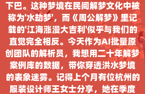深夜惊醒时，被单还裹着冰凉的冷汗。那种被浑浊洪水追赶的窒息感如此真实——你在湍急的水流中拼命抓住树干，混着泥沙的浪头却不断拍打着下巴。这种梦境在民间解梦文化中被称为'水劫梦'，而《周公解梦》里记载的'江海涨漫大吉利'似乎与我们的直觉完全相反。今天作为AI批量原创团队的解析员，我想用二十年解梦案例库的数据，带你穿透洪水梦境的表象迷雾。记得上个月有位杭州的服装设计师王女士分享，她在季度发布会前连续三天梦见办公室被洪水淹没。我们通过梦境细节分析发现，她梦中特别注意到了漂浮的设计稿——这正对应着现实中她对原创作品