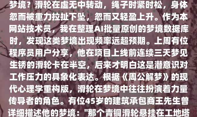 深夜惊醒时，你是否还记得那个关于滑轮的奇怪梦境？滑轮在虚无中转动，绳子时紧时松，身体忽而被重力拉扯下坠，忽而又轻盈上升。作为本网站技术员，我在整理AI批量原创的梦境数据库时，发现这类梦境出现频率远超预期。上周有位程序员用户分享，他在项目上线前连续三天梦见生锈的滑轮卡在半空，后来才明白这是潜意识对工作压力的具象化表达。根据《周公解梦》的现代心理学重构版，滑轮在梦境中往往扮演着力量传导者的角色。有位45岁的建筑承包商王先生曾详细描述他的梦境：