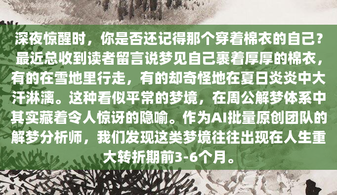 深夜惊醒时，你是否还记得那个穿着棉衣的自己？最近总收到读者留言说梦见自己裹着厚厚的棉衣，有的在雪地里行走，有的却奇怪地在夏日炎炎中大汗淋漓。这种看似平常的梦境，在周公解梦体系中其实藏着令人惊讶的隐喻。作为AI批量原创团队的解梦分析师，我们发现这类梦境往往出现在人生重大转折期前3-6个月。