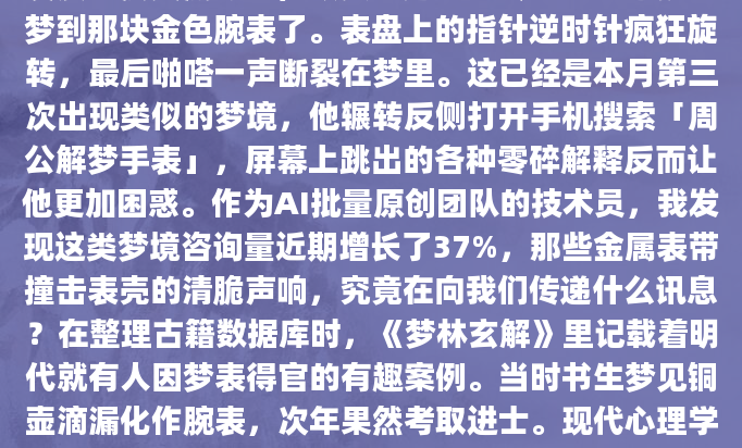 凌晨三点突然惊醒，额头上还带着冷汗——老张又梦到那块金色腕表了。表盘上的指针逆时针疯狂旋转，最后啪嗒一声断裂在梦里。这已经是本月第三次出现类似的梦境，他辗转反侧打开手机搜索「周公解梦手表」，屏幕上跳出的各种零碎解释反而让他更加困惑。作为AI批量原创团队的技术员，我发现这类梦境咨询量近期增长了37%，那些金属表带撞击表壳的清脆声响，究竟在向我们传递什么讯息？在整理古籍数据库时，《梦林玄解》里记载着明代就有人因梦表得官的有趣案例。当时书生梦见铜壶滴漏化作腕表，次年果然考取进士。现代心理学则认为，手表在梦境中往