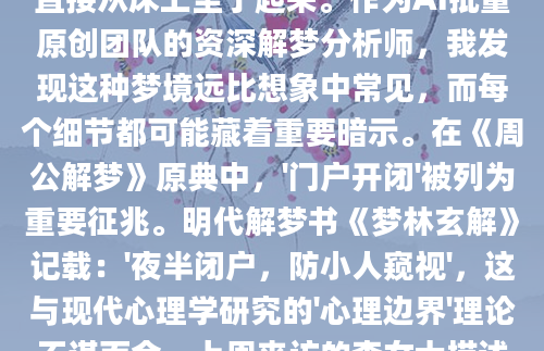 深夜惊醒时，你是否还记得那个关于关门的梦？老张上周就遇到这样的事——梦里那扇雕花木门在他面前重重闭合，金属门环撞击的闷响让他直接从床上坐了起来。作为AI批量原创团队的资深解梦分析师，我发现这种梦境远比想象中常见，而每个细节都可能藏着重要暗示。在《周公解梦》原典中，'门户开闭'被列为重要征兆。明代解梦书《梦林玄解》记载：'夜半闭户，防小人窥视'，这与现代心理学研究的'心理边界'理论不谋而合。上周来访的李女士描述，她连续三天梦见旋转门不停关闭，我们通过分析发现这恰好对应她现实中面临的职场选择困境。具体到关门方