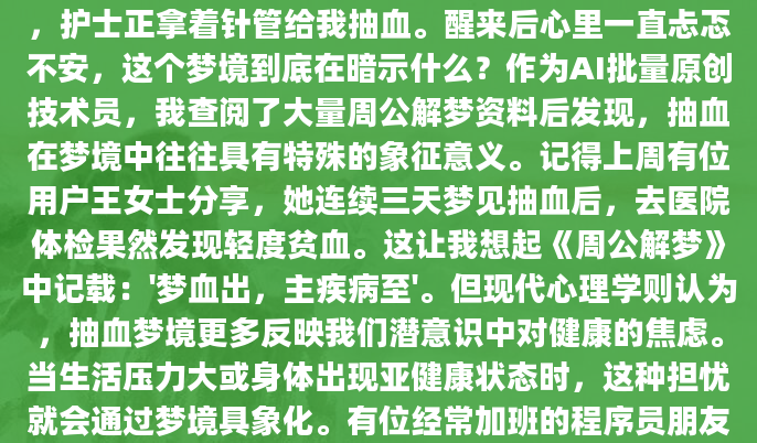 昨晚做了个奇怪的梦，梦见自己躺在医院的病床上，护士正拿着针管给我抽血。醒来后心里一直忐忑不安，这个梦境到底在暗示什么？作为AI批量原创技术员，我查阅了大量周公解梦资料后发现，抽血在梦境中往往具有特殊的象征意义。记得上周有位用户王女士分享，她连续三天梦见抽血后，去医院体检果然发现轻度贫血。这让我想起《周公解梦》中记载：'梦血出，主疾病至'。但现代心理学则认为，抽血梦境更多反映我们潜意识中对健康的焦虑。当生活压力大或身体出现亚健康状态时，这种担忧就会通过梦境具象化。有位经常加班的程序员朋友告诉我，他在项目冲刺