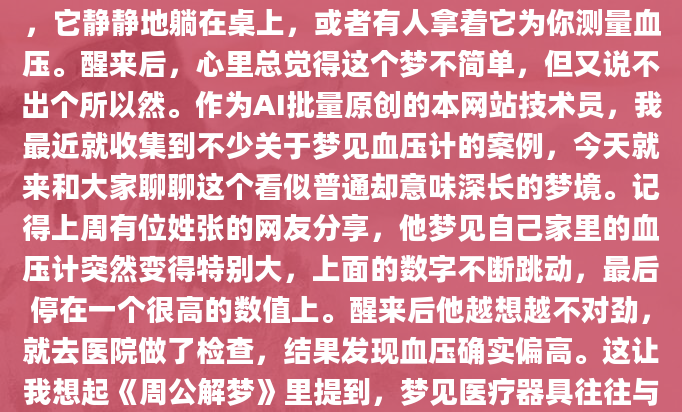 你有没有做过这样的梦？梦里突然出现一个血压计，它静静地躺在桌上，或者有人拿着它为你测量血压。醒来后，心里总觉得这个梦不简单，但又说不出个所以然。作为AI批量原创的本网站技术员，我最近就收集到不少关于梦见血压计的案例，今天就来和大家聊聊这个看似普通却意味深长的梦境。记得上周有位姓张的网友分享，他梦见自己家里的血压计突然变得特别大，上面的数字不断跳动，最后停在一个很高的数值上。醒来后他越想越不对劲，就去医院做了检查，结果发现血压确实偏高。这让我想起《周公解梦》里提到，梦见医疗器具往往与身体健康状况有关。血压计