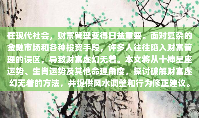 在现代社会，财富管理变得日益重要。面对复杂的金融市场和各种投资手段，许多人往往陷入财富管理的误区，导致财富虚幻无着。本文将从十神星座运势、生肖运势及其他命理角度，探讨破解财富虚幻无着的方法，并提供风水调整和行为修正建议。