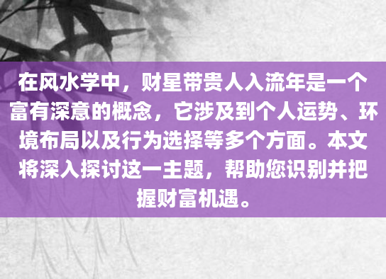 在风水学中，财星带贵人入流年是一个富有深意的概念，它涉及到个人运势、环境布局以及行为选择等多个方面。本文将深入探讨这一主题，帮助您识别并把握财富机遇。