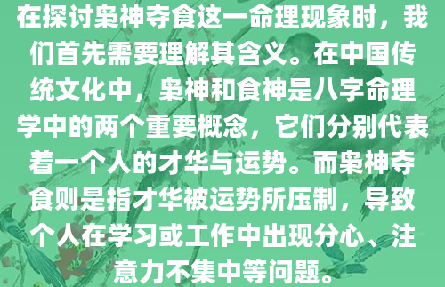 在探讨枭神夺食这一命理现象时，我们首先需要理解其含义。在中国传统文化中，枭神和食神是八字命理学中的两个重要概念，它们分别代表着一个人的才华与运势。而枭神夺食则是指才华被运势所压制，导致个人在学习或工作中出现分心、注意力不集中等问题。