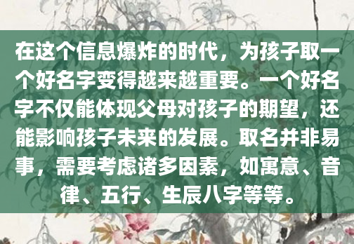 在这个信息爆炸的时代，为孩子取一个好名字变得越来越重要。一个好名字不仅能体现父母对孩子的期望，还能影响孩子未来的发展。取名并非易事，需要考虑诸多因素，如寓意、音律、五行、生辰八字等等。