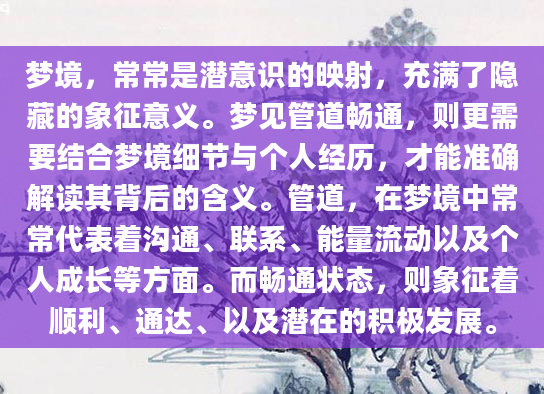 梦境，常常是潜意识的映射，充满了隐藏的象征意义。梦见管道畅通，则更需要结合梦境细节与个人经历，才能准确解读其背后的含义。管道，在梦境中常常代表着沟通、联系、能量流动以及个人成长等方面。而畅通状态，则象征着顺利、通达、以及潜在的积极发展。
