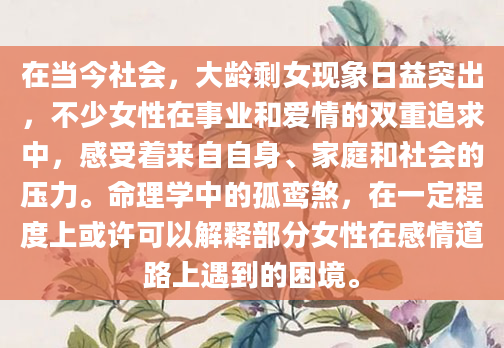 在当今社会，大龄剩女现象日益突出，不少女性在事业和爱情的双重追求中，感受着来自自身、家庭和社会的压力。命理学中的孤鸾煞，在一定程度上或许可以解释部分女性在感情道路上遇到的困境。