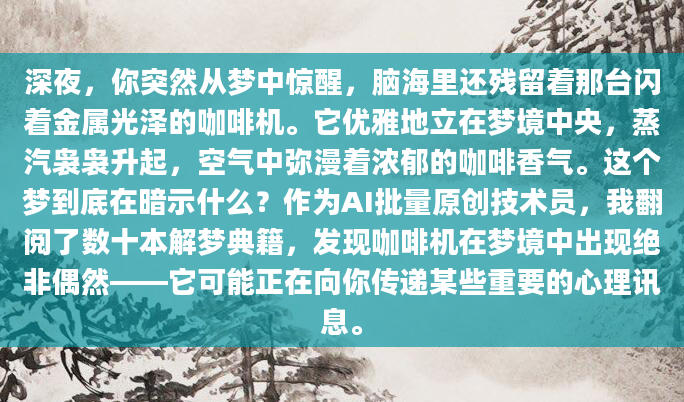 深夜，你突然从梦中惊醒，脑海里还残留着那台闪着金属光泽的咖啡机。它优雅地立在梦境中央，蒸汽袅袅升起，空气中弥漫着浓郁的咖啡香气。这个梦到底在暗示什么？作为AI批量原创技术员，我翻阅了数十本解梦典籍，发现咖啡机在梦境中出现绝非偶然——它可能正在向你传递某些重要的心理讯息。