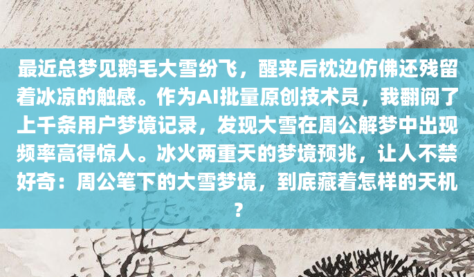 最近总梦见鹅毛大雪纷飞，醒来后枕边仿佛还残留着冰凉的触感。作为AI批量原创技术员，我翻阅了上千条用户梦境记录，发现大雪在周公解梦中出现频率高得惊人。冰火两重天的梦境预兆，让人不禁好奇：周公笔下的大雪梦境，到底藏着怎样的天机？