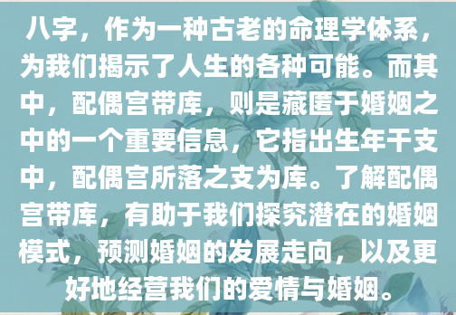 八字，作为一种古老的命理学体系，为我们揭示了人生的各种可能。而其中，配偶宫带库，则是藏匿于婚姻之中的一个重要信息，它指出生年干支中，配偶宫所落之支为库。了解配偶宫带库，有助于我们探究潜在的婚姻模式，预测婚姻的发展走向，以及更好地经营我们的爱情与婚姻。
