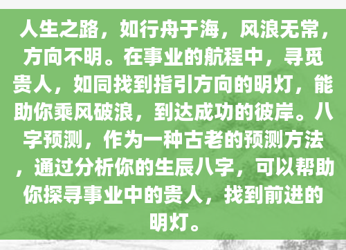 人生之路，如行舟于海，风浪无常，方向不明。在事业的航程中，寻觅贵人，如同找到指引方向的明灯，能助你乘风破浪，到达成功的彼岸。八字预测，作为一种古老的预测方法，通过分析你的生辰八字，可以帮助你探寻事业中的贵人，找到前进的明灯。
