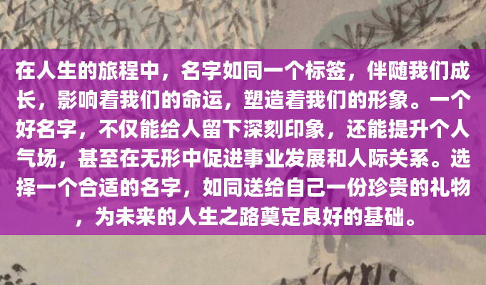 在人生的旅程中，名字如同一个标签，伴随我们成长，影响着我们的命运，塑造着我们的形象。一个好名字，不仅能给人留下深刻印象，还能提升个人气场，甚至在无形中促进事业发展和人际关系。选择一个合适的名字，如同送给自己一份珍贵的礼物，为未来的人生之路奠定良好的基础。