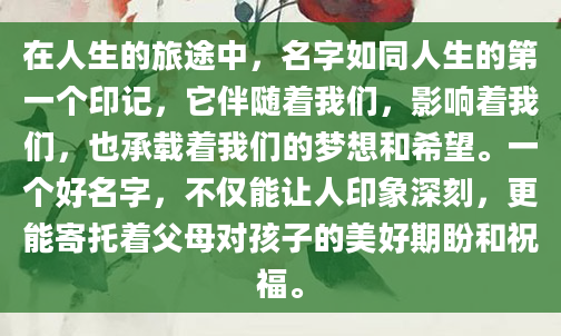 在人生的旅途中，名字如同人生的第一个印记，它伴随着我们，影响着我们，也承载着我们的梦想和希望。一个好名字，不仅能让人印象深刻，更能寄托着父母对孩子的美好期盼和祝福。
